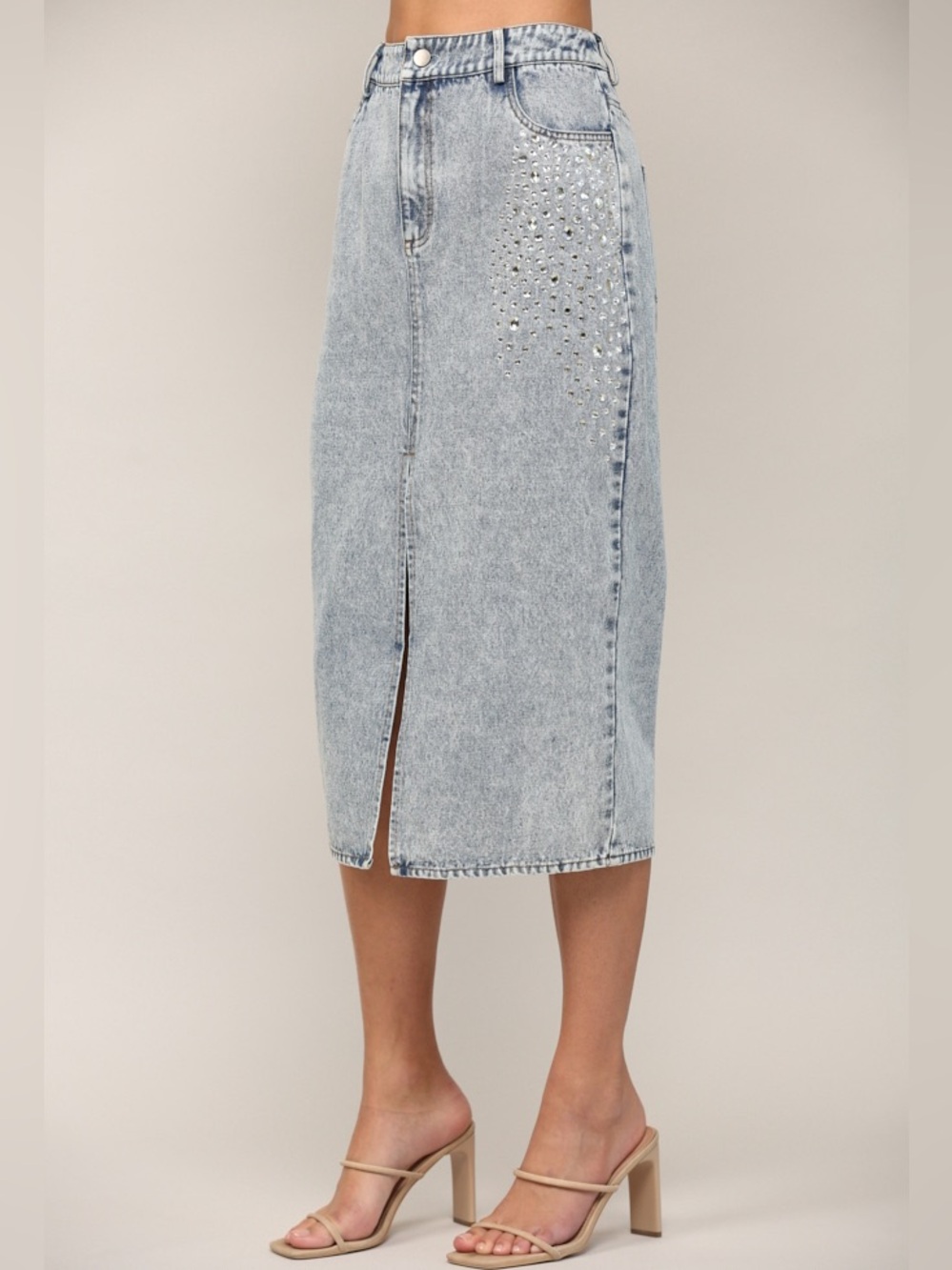 🟠NWT FATE Rhinestone Embellished Midi Denim Skirt